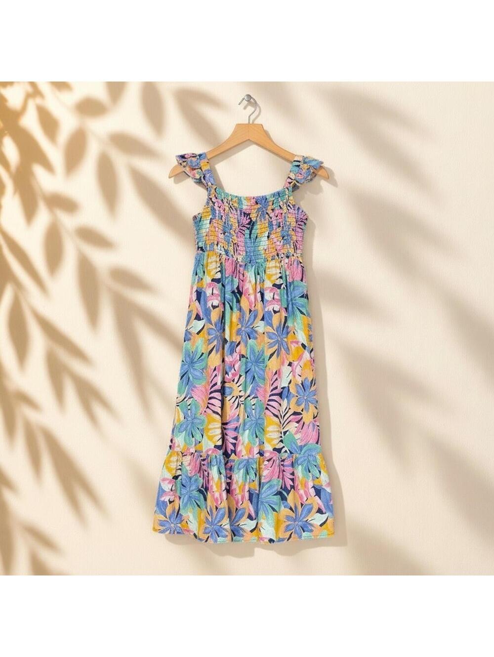 Roxy Dress Girls M Medium Blue Floral Shift Midi Sleeveless Square Neck Casual